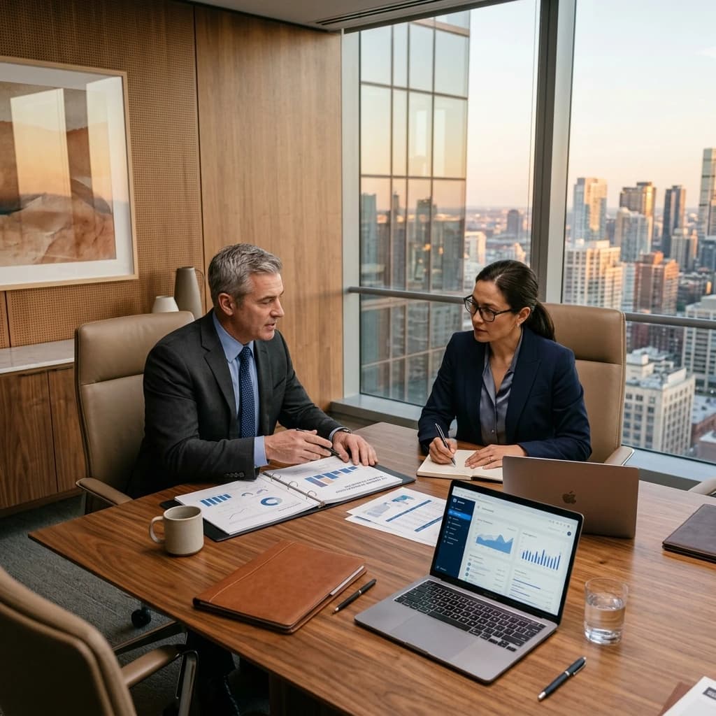 Executives reviewing research insights in a premium boardroom